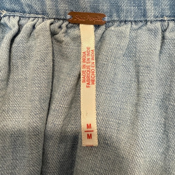 Free People Sonora Denim Mini Dress Women Medium Relaxed Babydoll Square 3/4 Tie - Picture 7 of 15